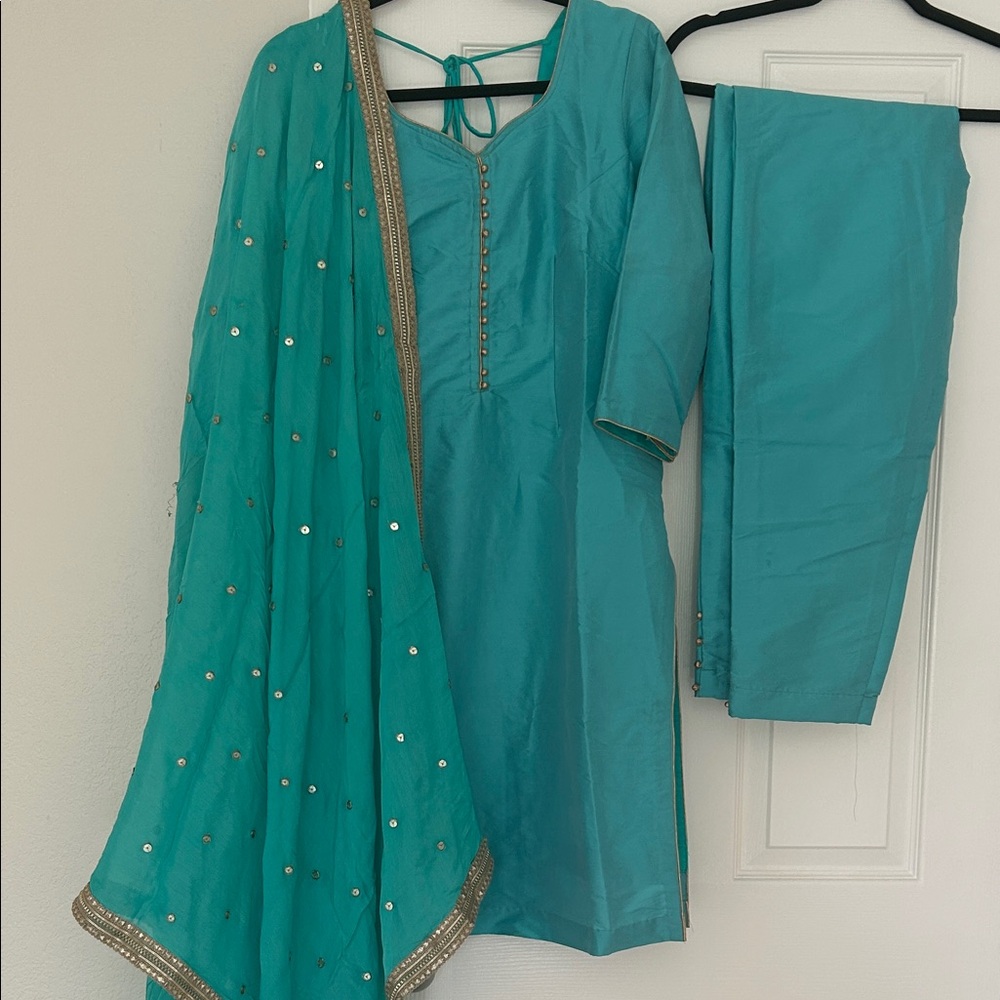 Women’s Teal Palazzo Pants Set with Matching Kurta and Dupatta